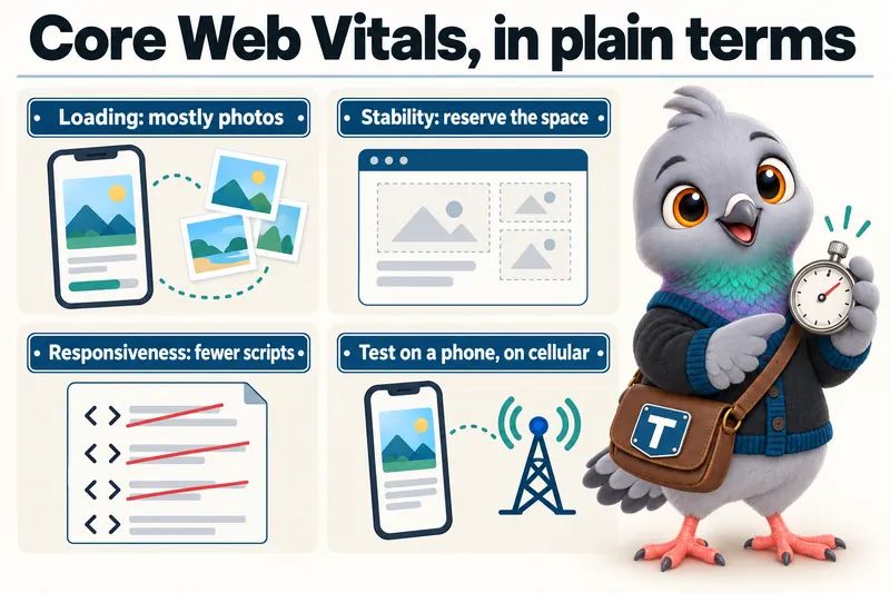 Core Web Vitals, in plain terms: loading: mostly photos, stability: reserve the space, responsiveness: fewer scripts, test on a phone, on cellular.