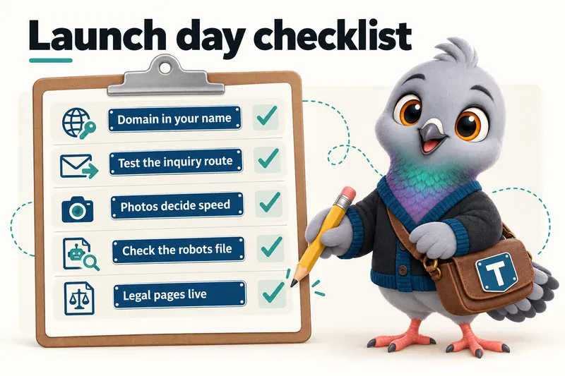 Launch day checklist: domain in your name, test the inquiry route, photos decide speed, check the robots file, legal pages live.