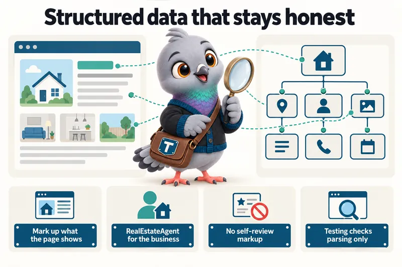 Structured data that stays honest: mark up what the page shows, RealEstateAgent for the business, no self-review markup, testing checks parsing only.