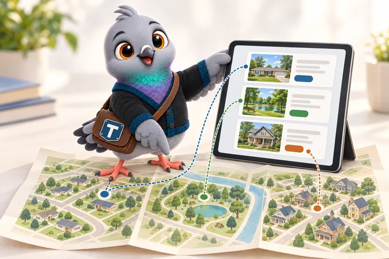 Trudy, the GetRealtorWebsite mascot pigeon, standing on an unfolded neighborhood map with routes running from three districts to three area pages on a tablet