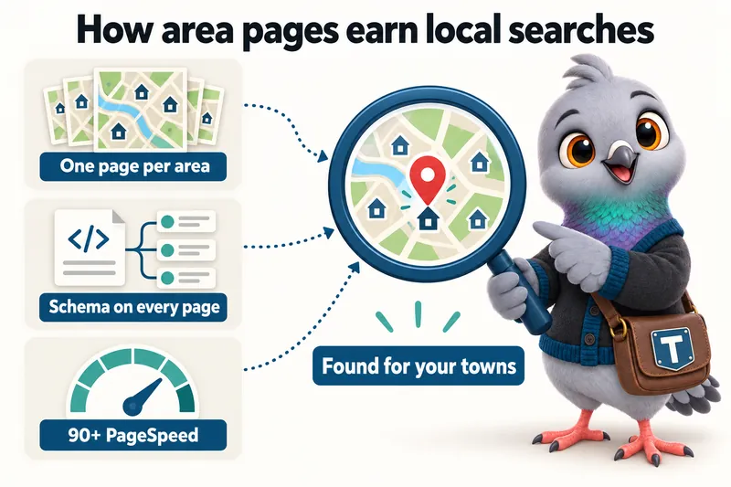 How area pages earn local searches: one page per area, schema on every page, 90+ PageSpeed, found for your towns.