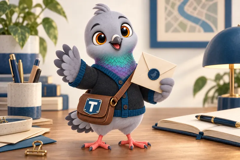 Trudy, the studio mascot, waving while holding a sealed envelope on a desk