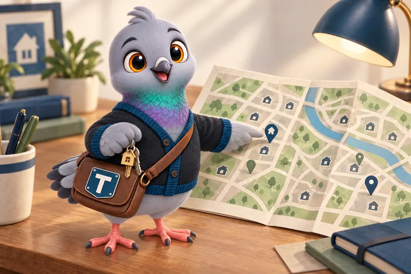 Trudy, the GetRealtorWebsite mascot pigeon, pointing at one neighborhood on an unfolded street map