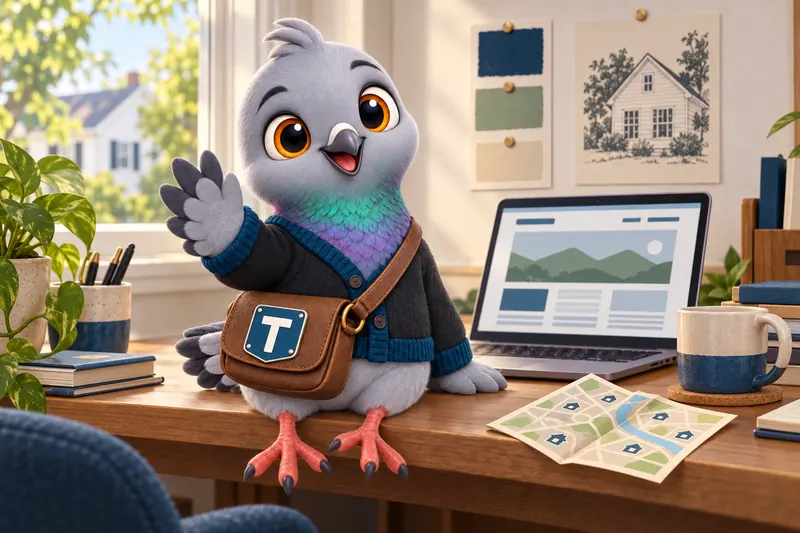 Trudy, the studio mascot, waving from a desk beside a laptop showing a website layout and a folded neighborhood map