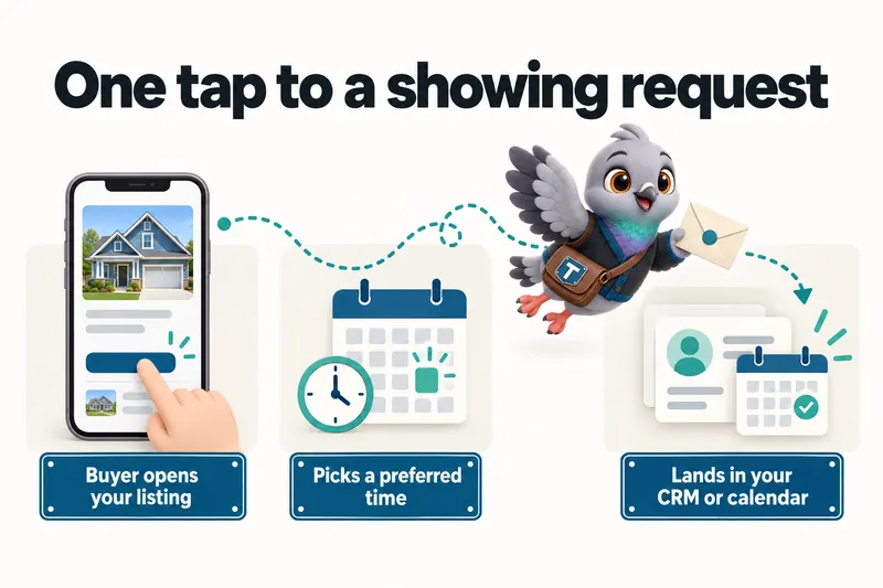 One tap to a showing request: buyer opens your listing, picks a preferred time, lands in your CRM or calendar.