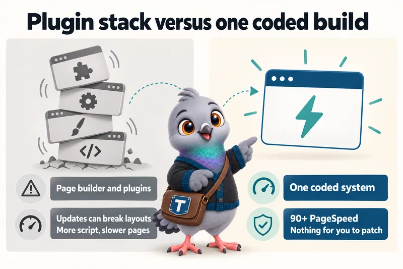 Plugin stack versus one coded build: page builder and plugins: updates can break layouts, more script, slower pages, one coded system: 90+ PageSpeed, nothing for you to patch.